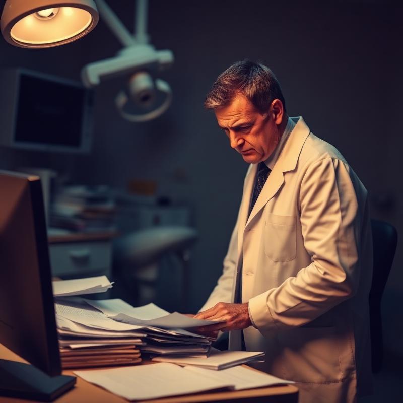 Dentista frustrado com papelada desorganizada na clínica