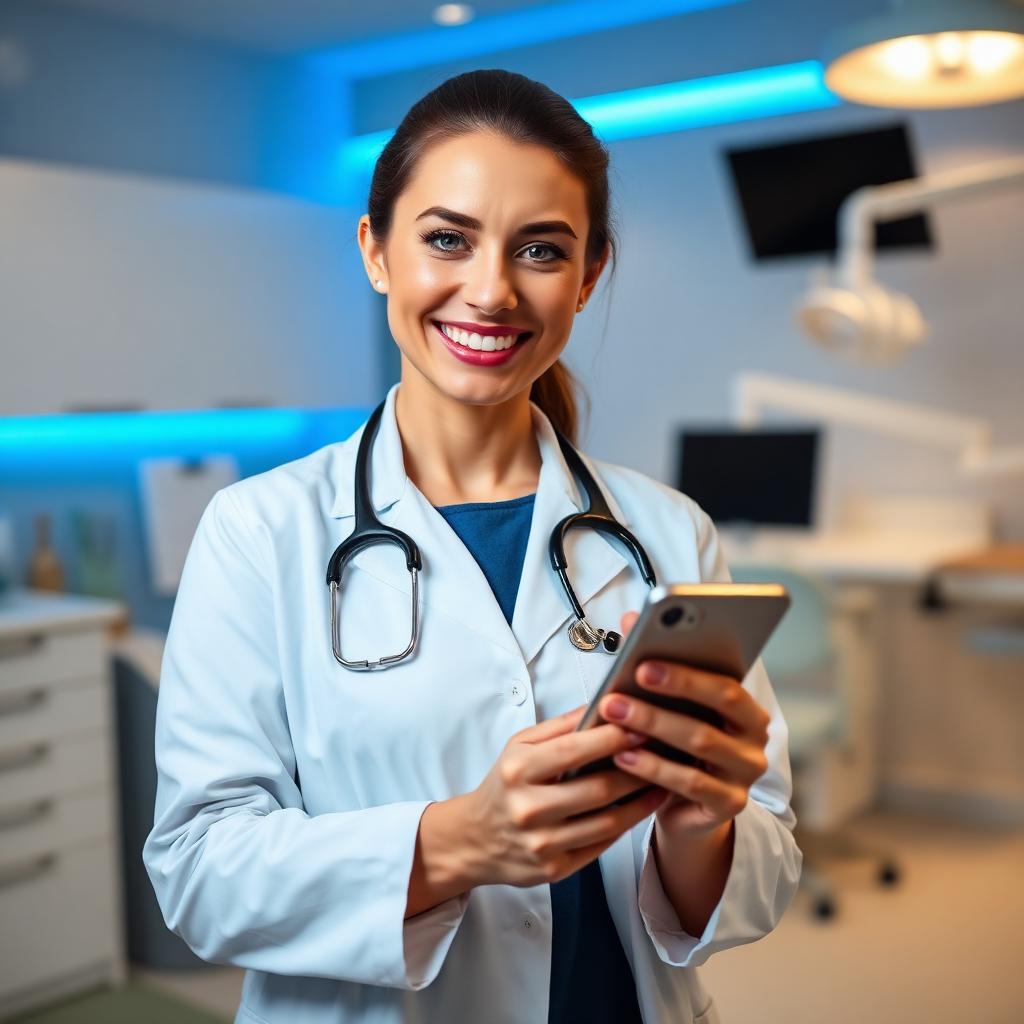 Dentista sorrindo segurando smartphone após organizar a clínica